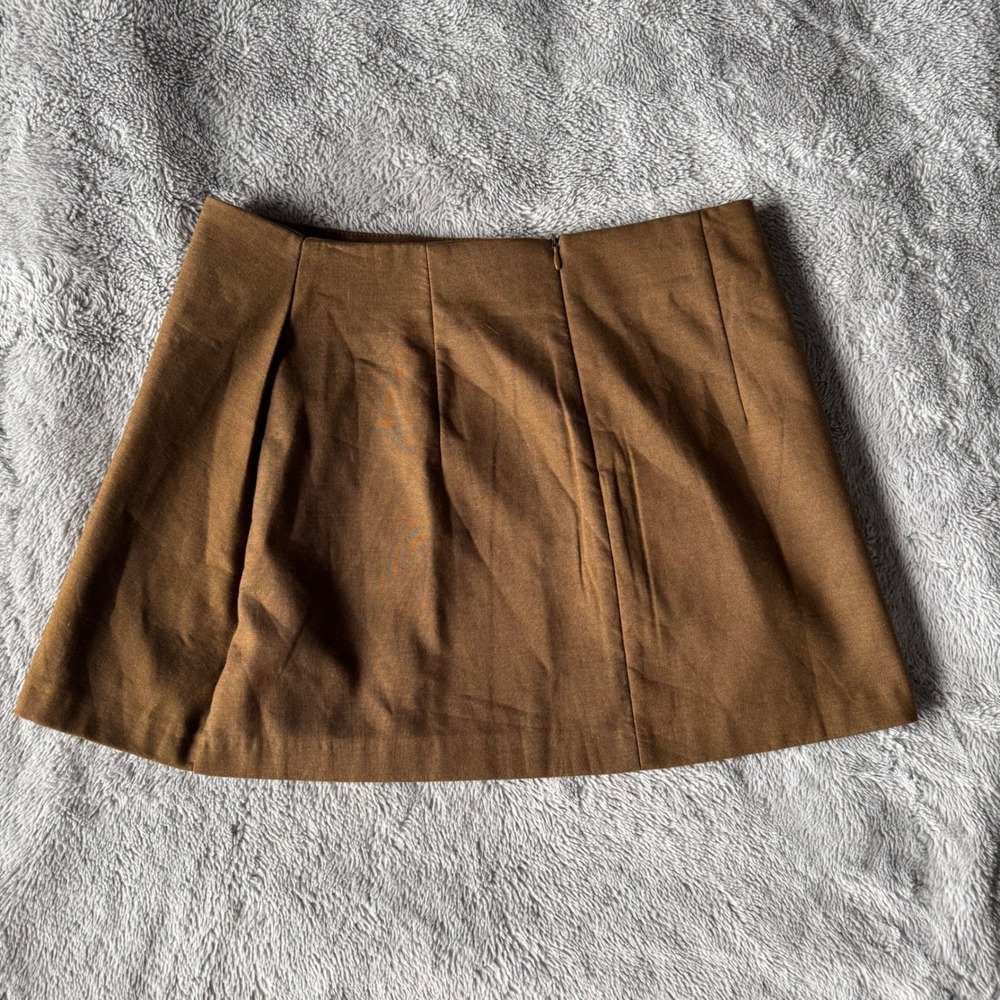 Zara Brown Double Breasted Button Mini Skirt Size Large Camel Pleated Front - Picture 3 of 6